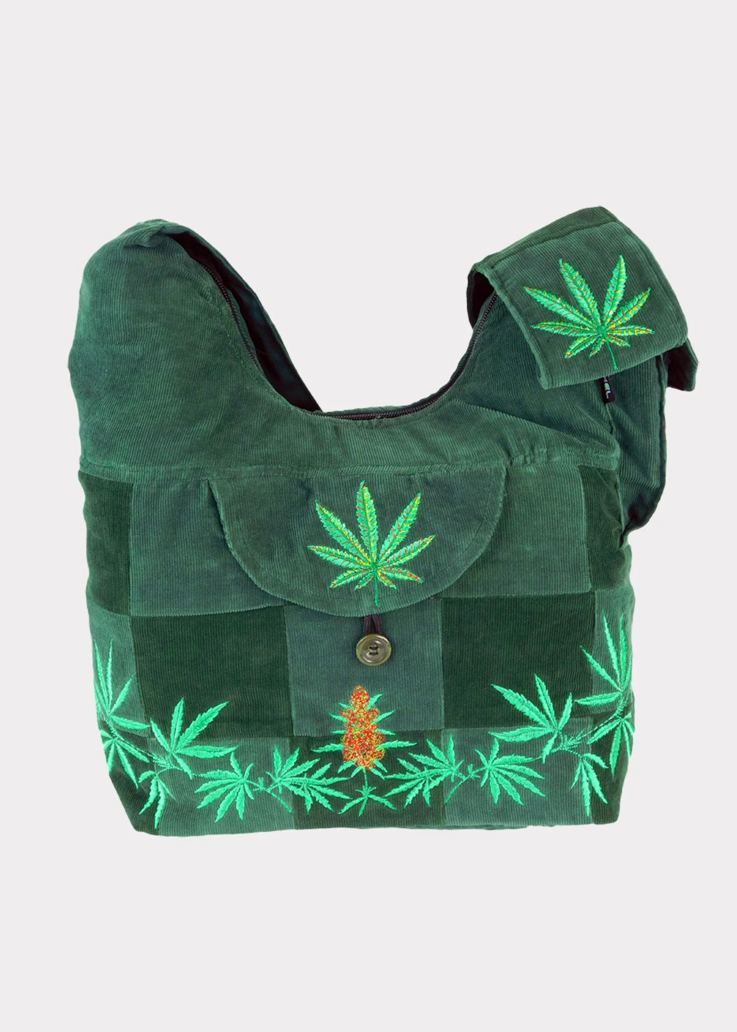 Ixchel Patchwork Corduroy Saddle Bag with Ganja Leaf Embroidery