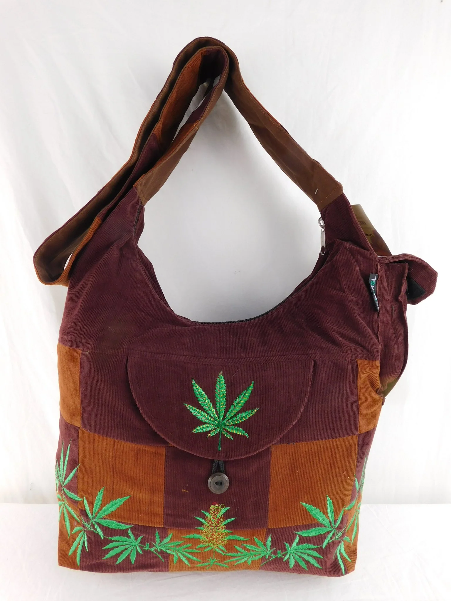 Ixchel Patchwork Corduroy Saddle Bag with Ganja Leaf Embroidery - Image 3