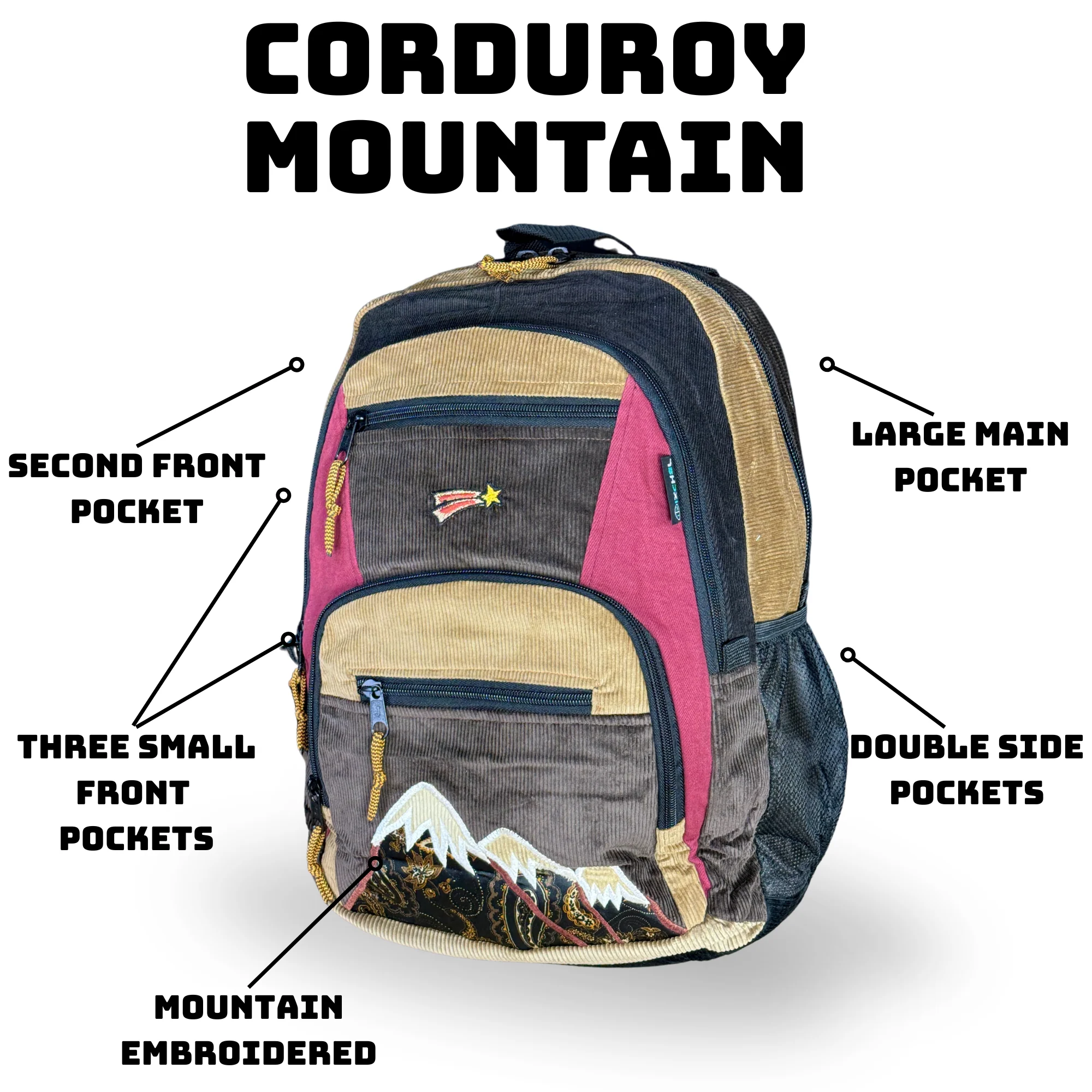 Ixchel Patchwork Corduroy Backpack with Mountain Embroidered Applique - Image 5