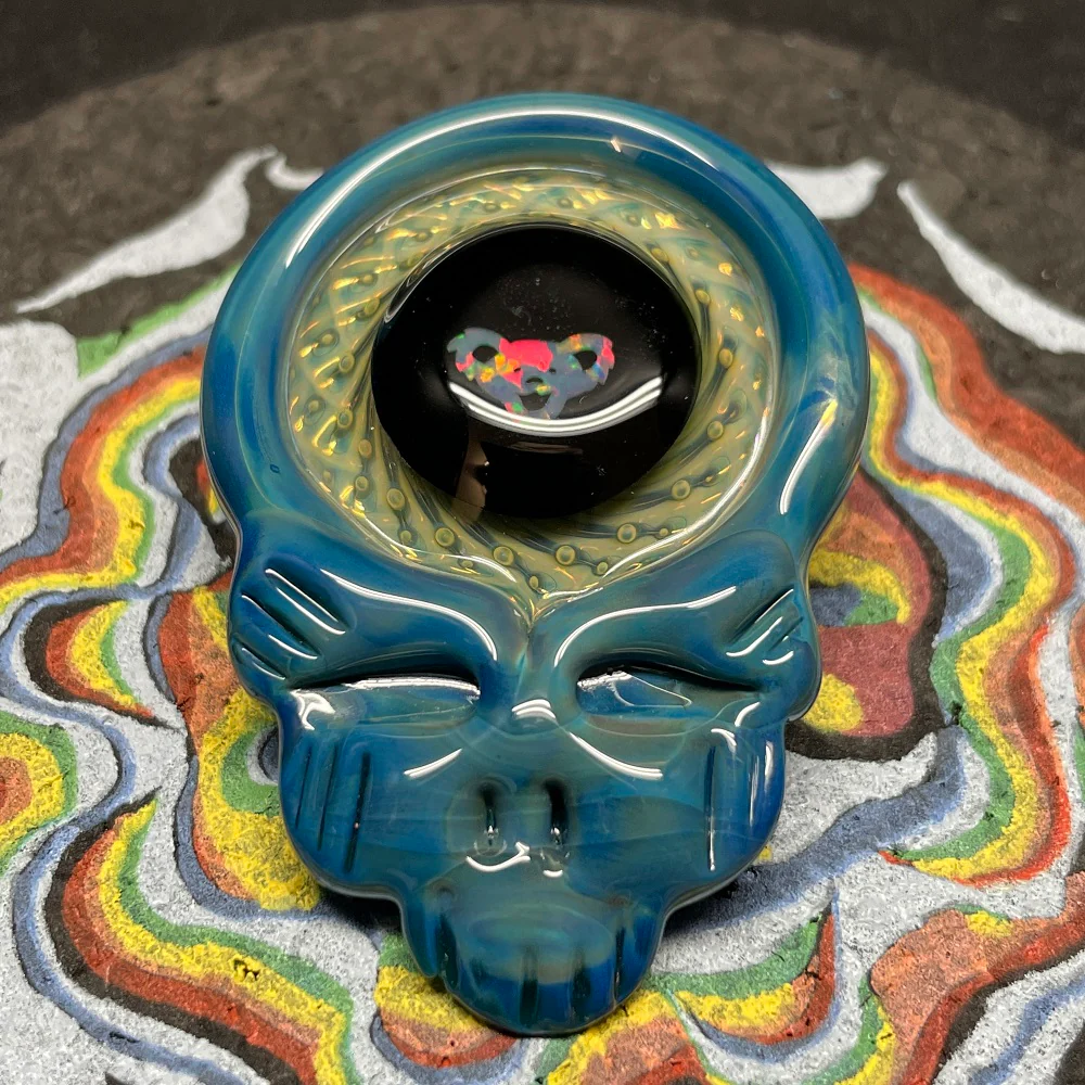 Katherman Glass Grateful Teal Skull with Dancing Bear Opal Pendant - Image 2