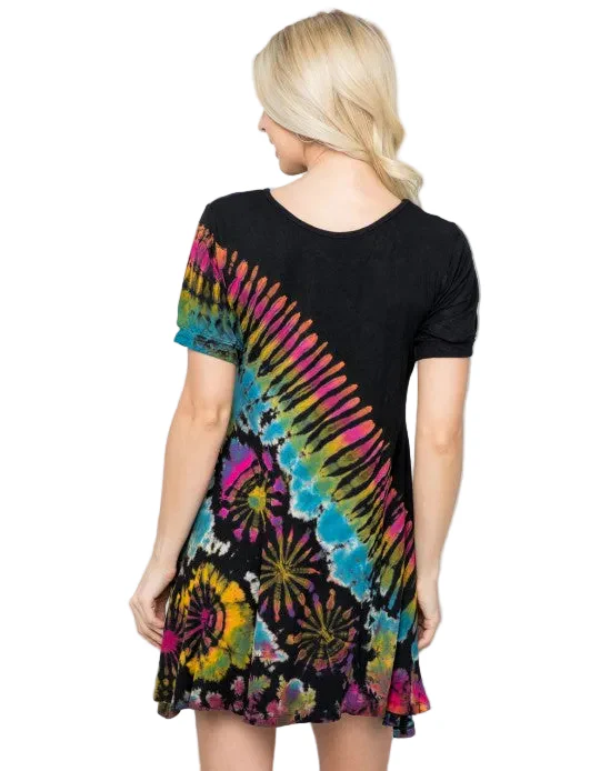 Black Rainbow Short Sleeve Tie Dye Tunic Dress - Image 2
