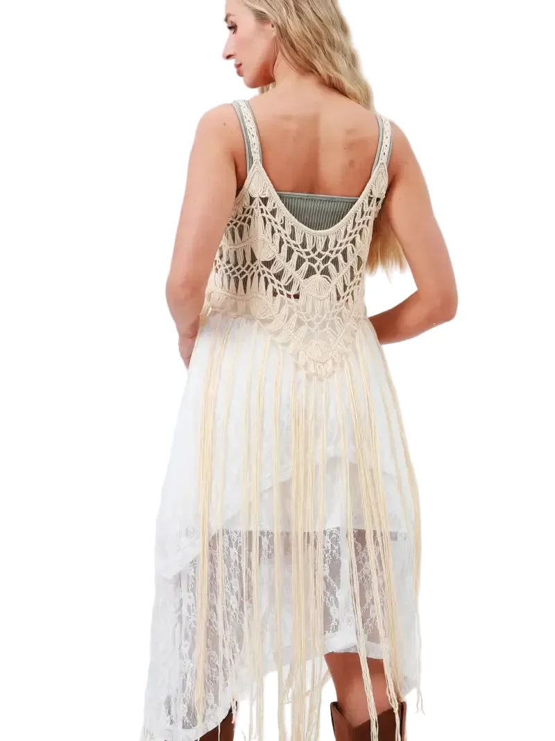 Boho Macramé Crochet Fringe Top in Cream - Image 2