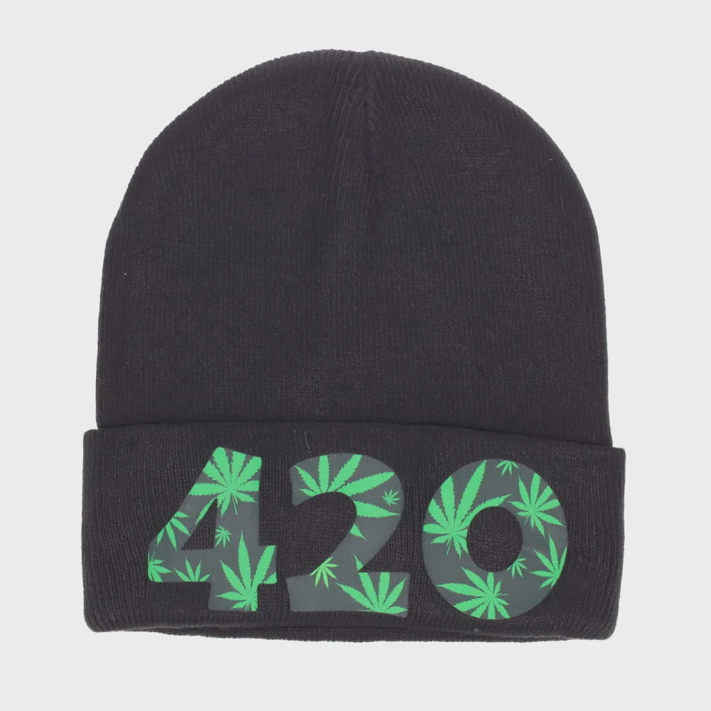 Bold 420 Green Leaves on Black Beanie