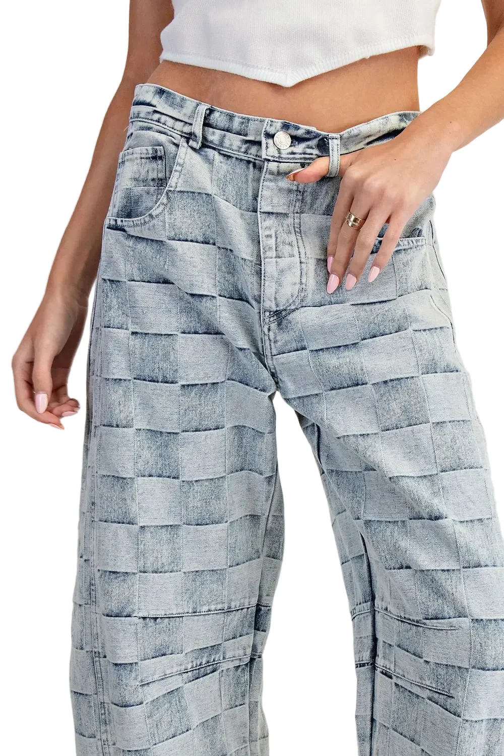 Checkered Barrel Leg Jeans – Acid Wash - Image 3