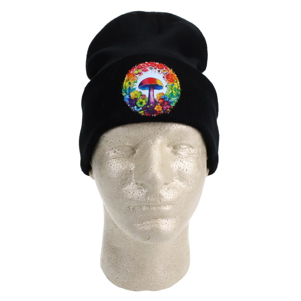 Colorful Mushroom and Flowers on Black Beanie - Image 2