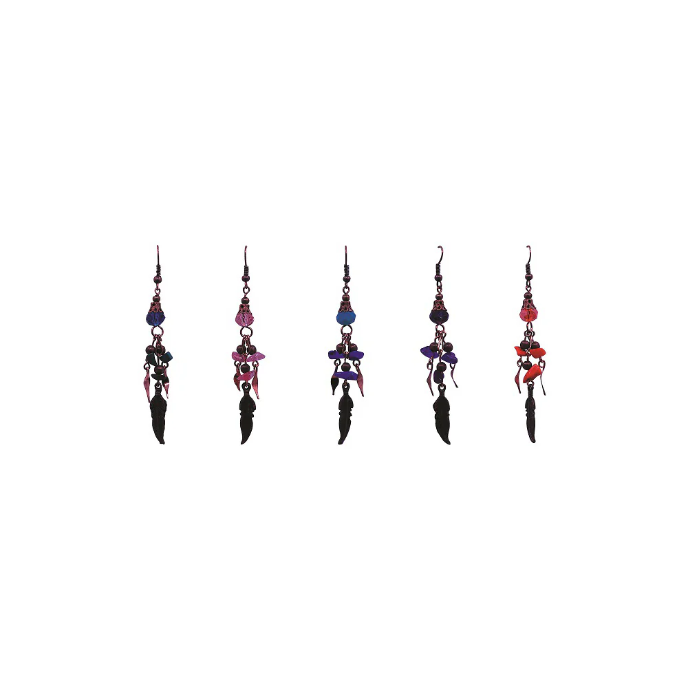 Copper with Chip Stone and Metal Dangle Feather Earrings