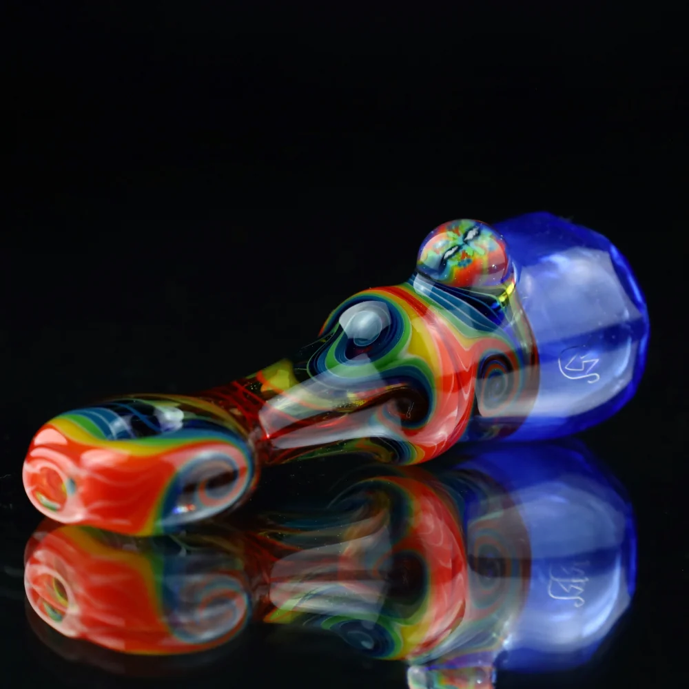 Cowboy Glass UV Blue and Black Rainbow Wigwag Faceted Chillum - Image 3