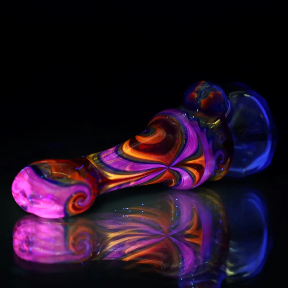 Cowboy Glass UV Blue and White Rainbow Wigwag Faceted Chillum - Image 4