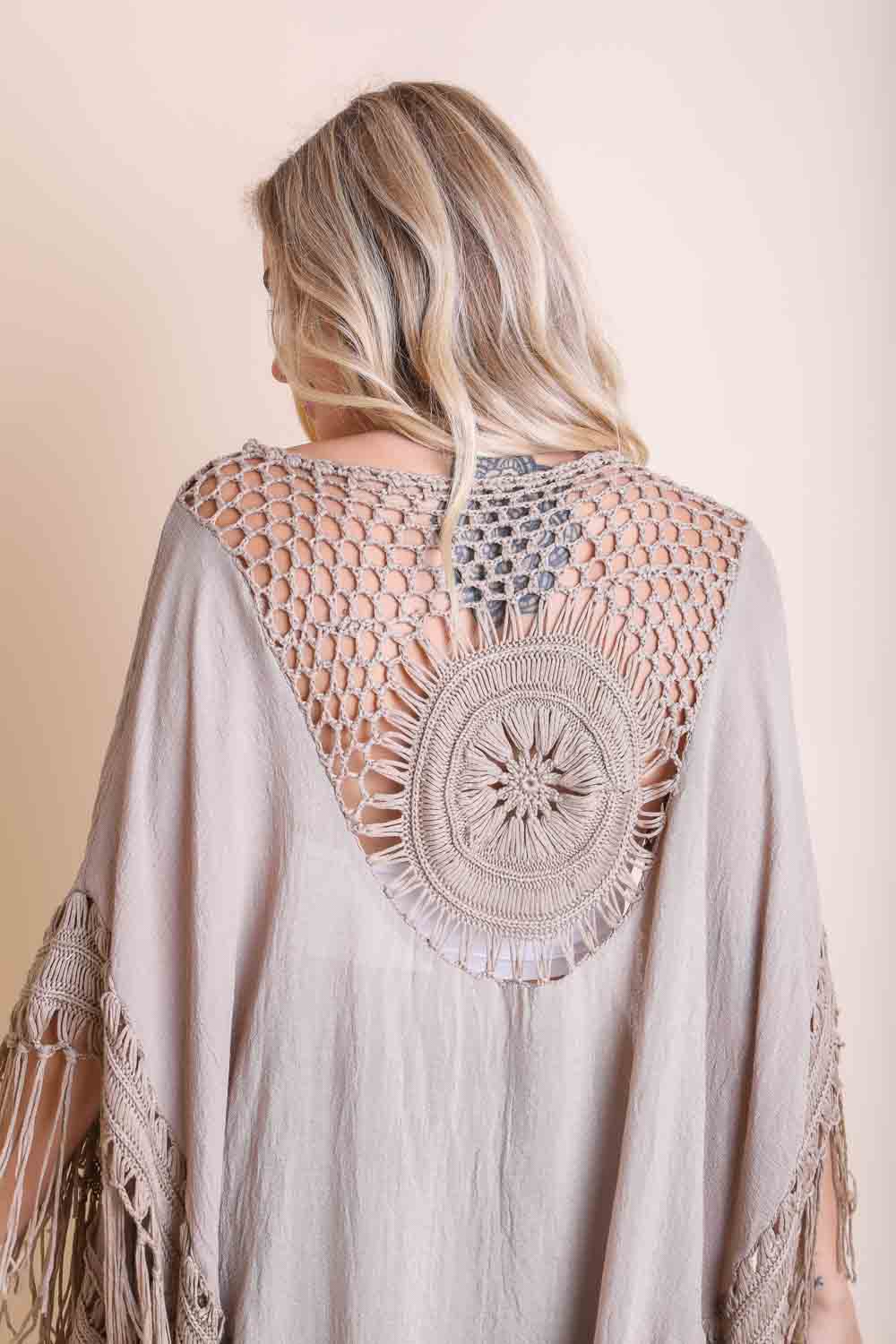Desert Dreamer Crochet Fringe Kimono in Mocha - Image 2