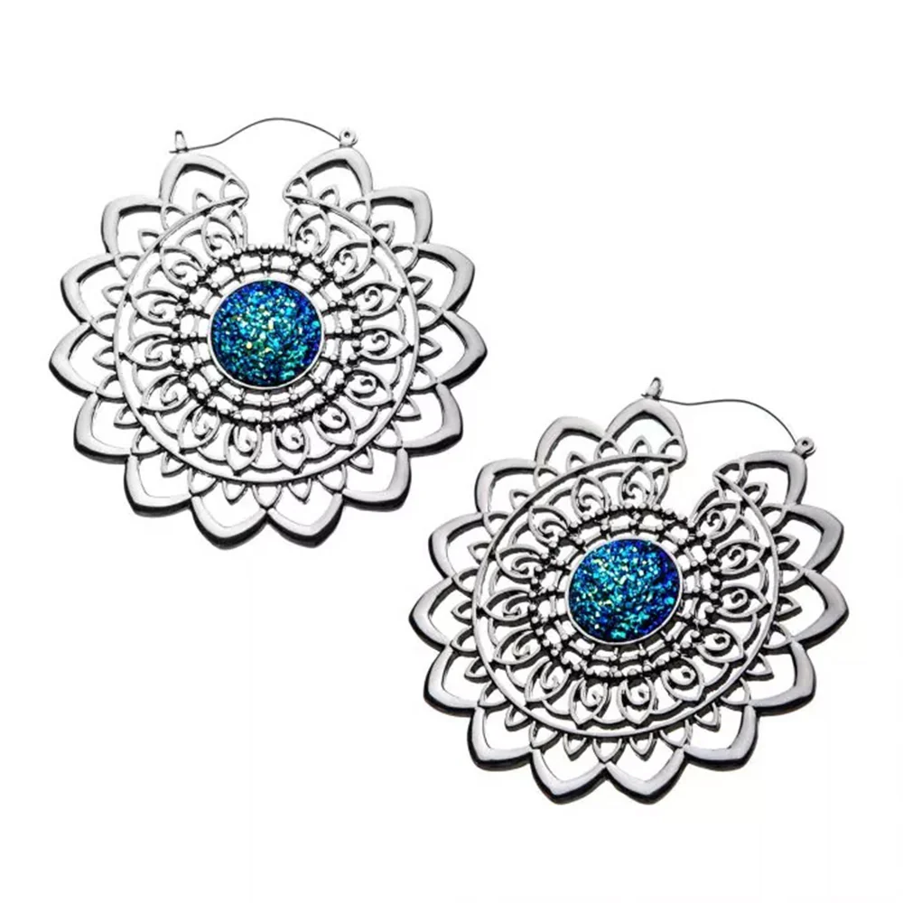 Mandala with Blue Druzy Plug Hoops - 20g