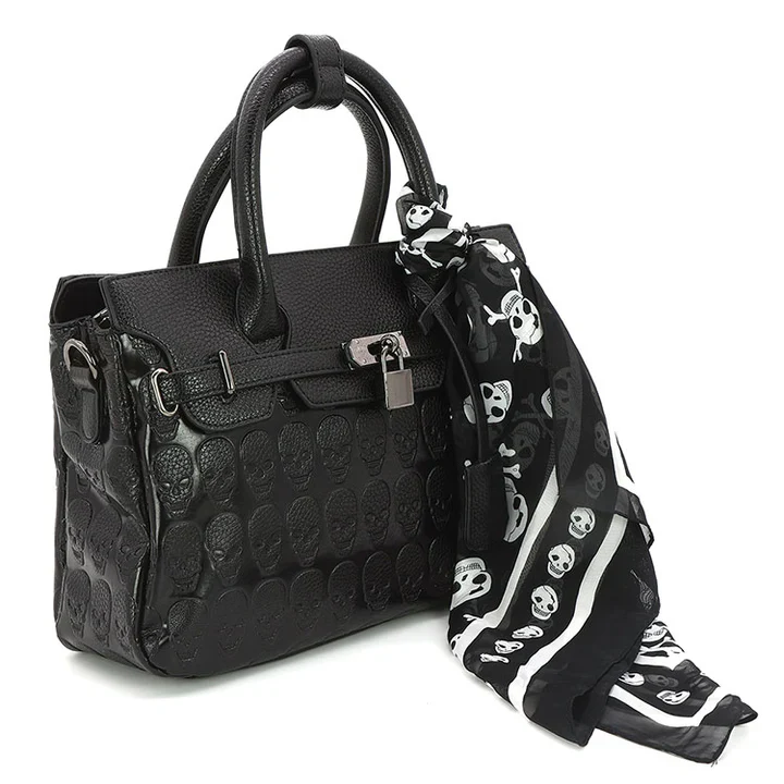 Embossed Skull Handbag with Scarf - Image 2