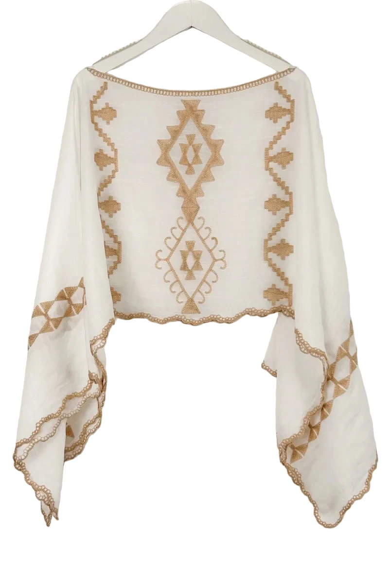 Embroidered Cropped Kaftan Top – Boho Flutter Sleeve Festival Top in White & Gold - Image 3