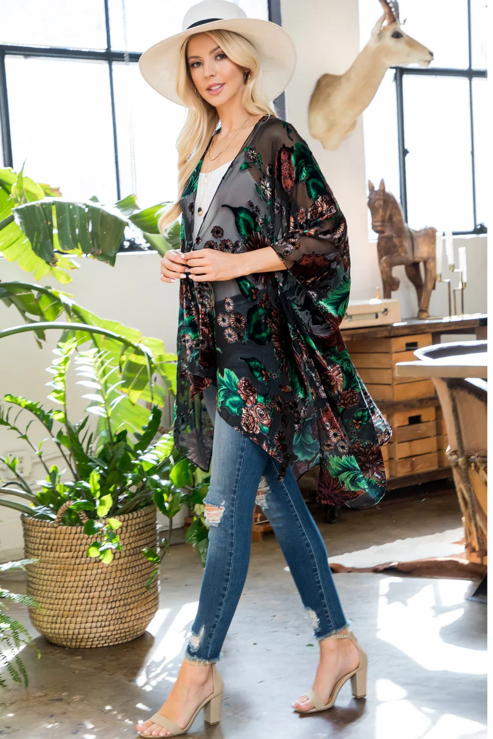 Forest Floral Burnout Velvet Kimono - Image 3