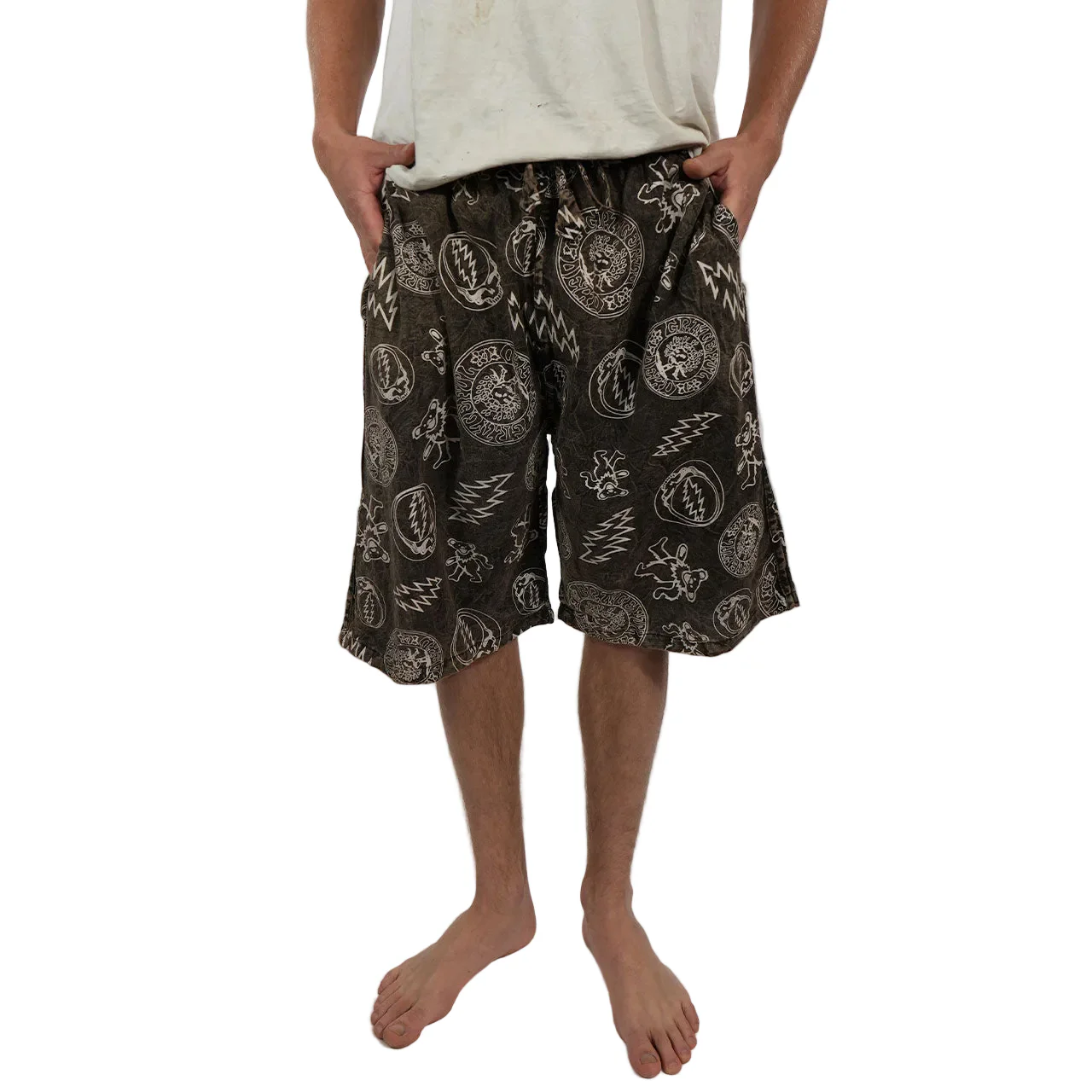 Grateful Dead All Over Print Stone-Washed Shorts in Brown