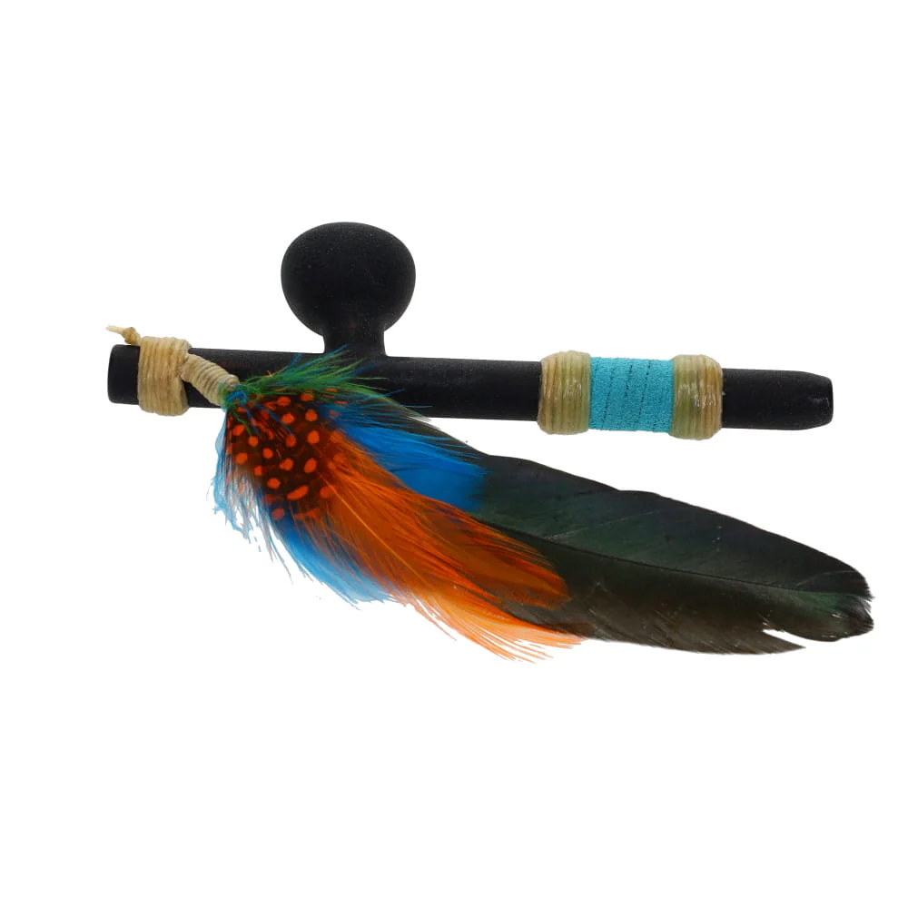 Owls Feather Glass Small Black Peace Pipe with Orange Dot Feather - Image 2