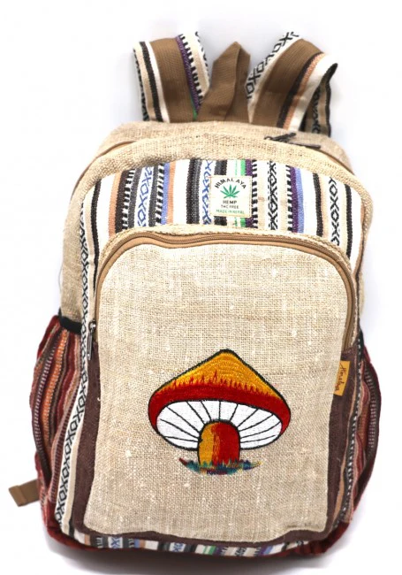 Himalayan Hemp Fabric with Embroidered Mushroom Large Backpack - Assorted Colors - Image 2