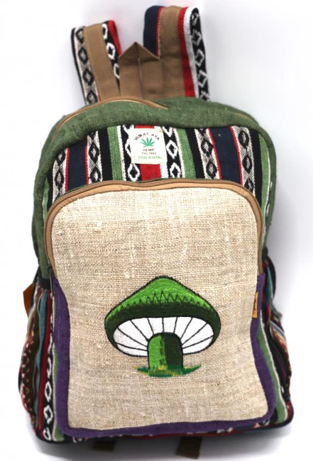 Himalayan Hemp Fabric with Embroidered Mushroom Large Backpack - Assorted Colors - Image 3