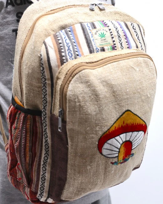 Himalayan Hemp Fabric with Embroidered Mushroom Large Backpack - Assorted Colors - Image 6