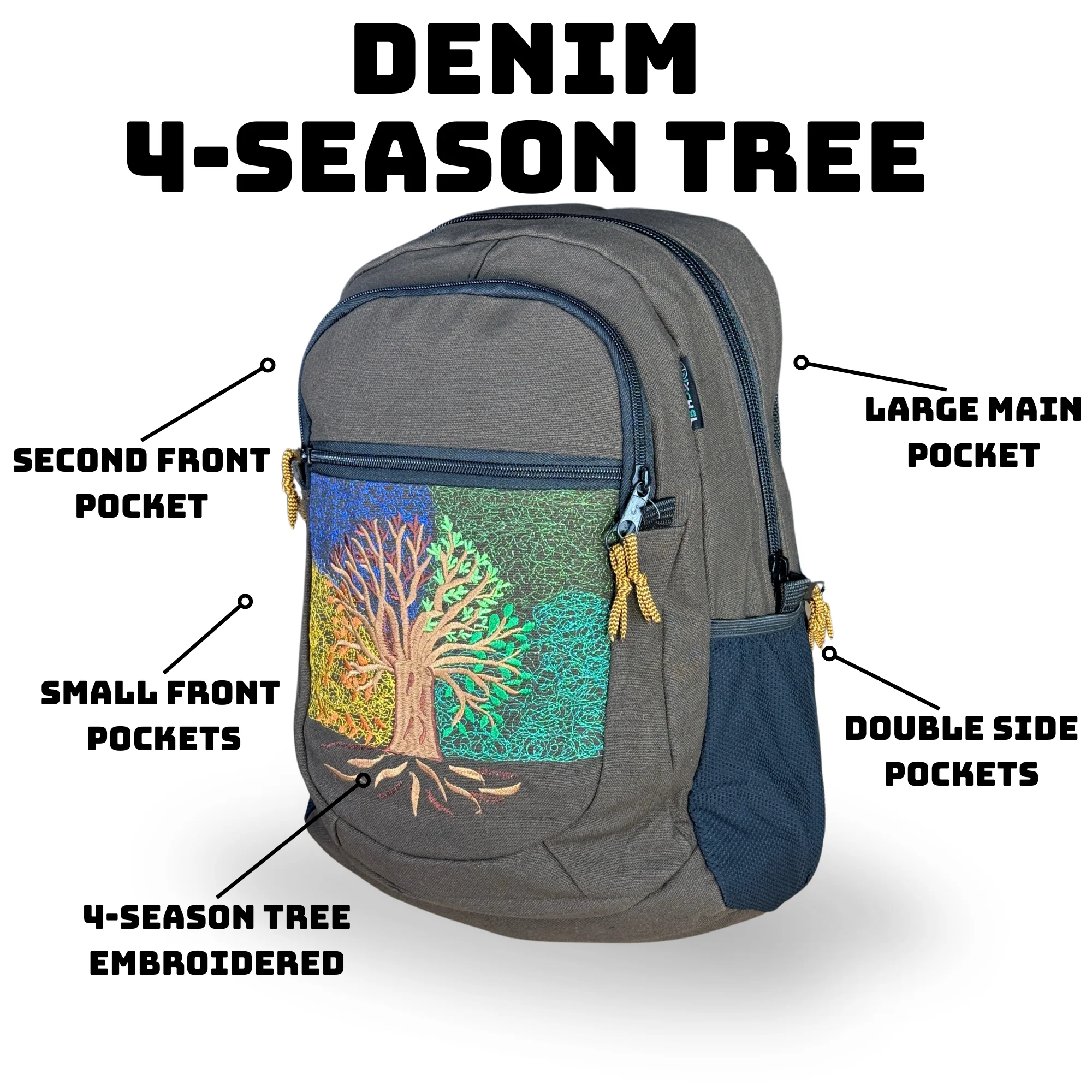 Ixchel Medium Backpack with 4 Seasons Embroidery in Denim - Image 4