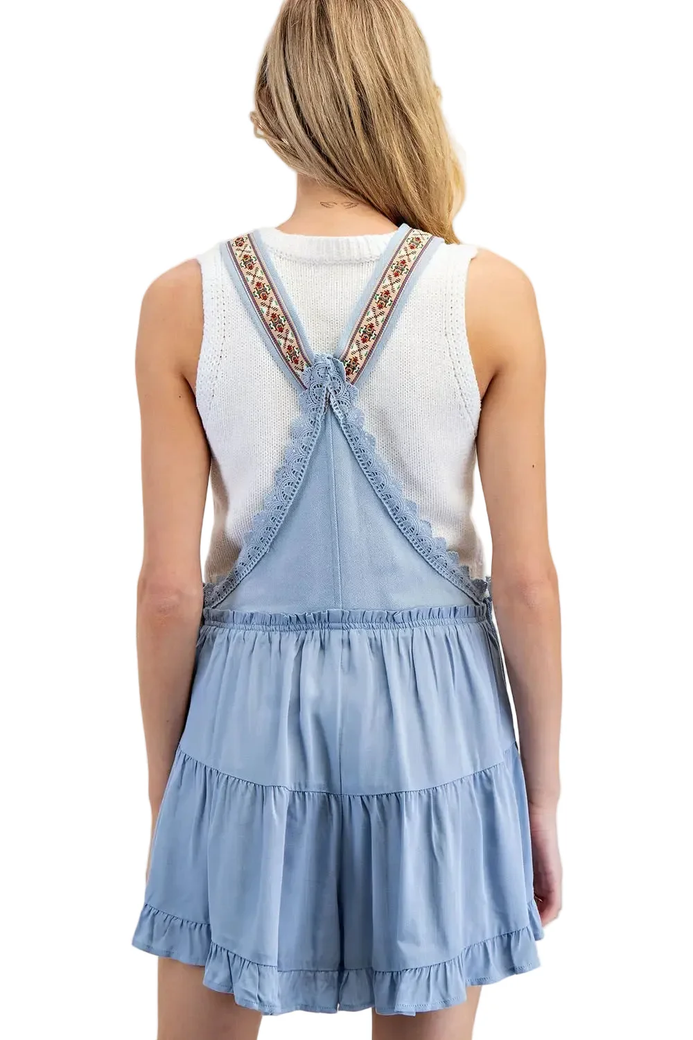 Lace Trim Tiered Sleeveless Romper in Denim Blue - Image 3