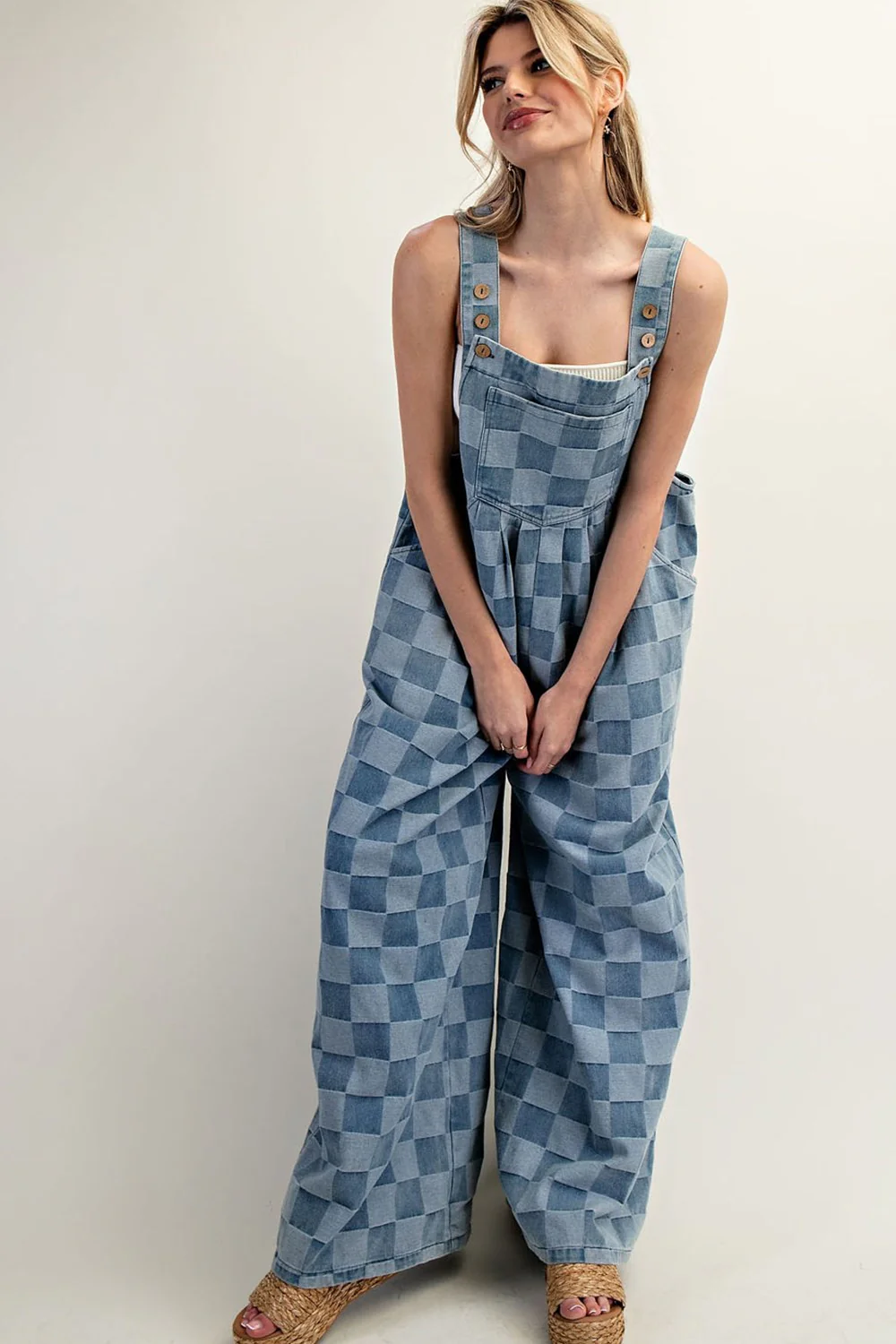 Mineral Washed Checker Print Wide Leg Overalls - Image 2