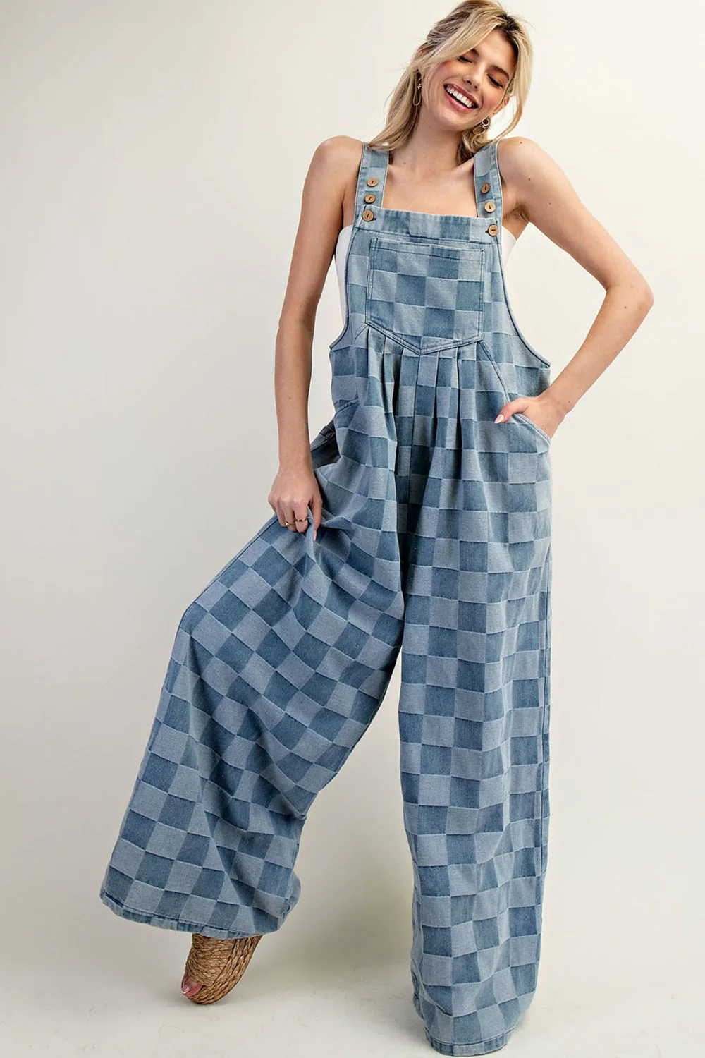 Mineral Washed Checker Print Wide Leg Overalls - Image 3