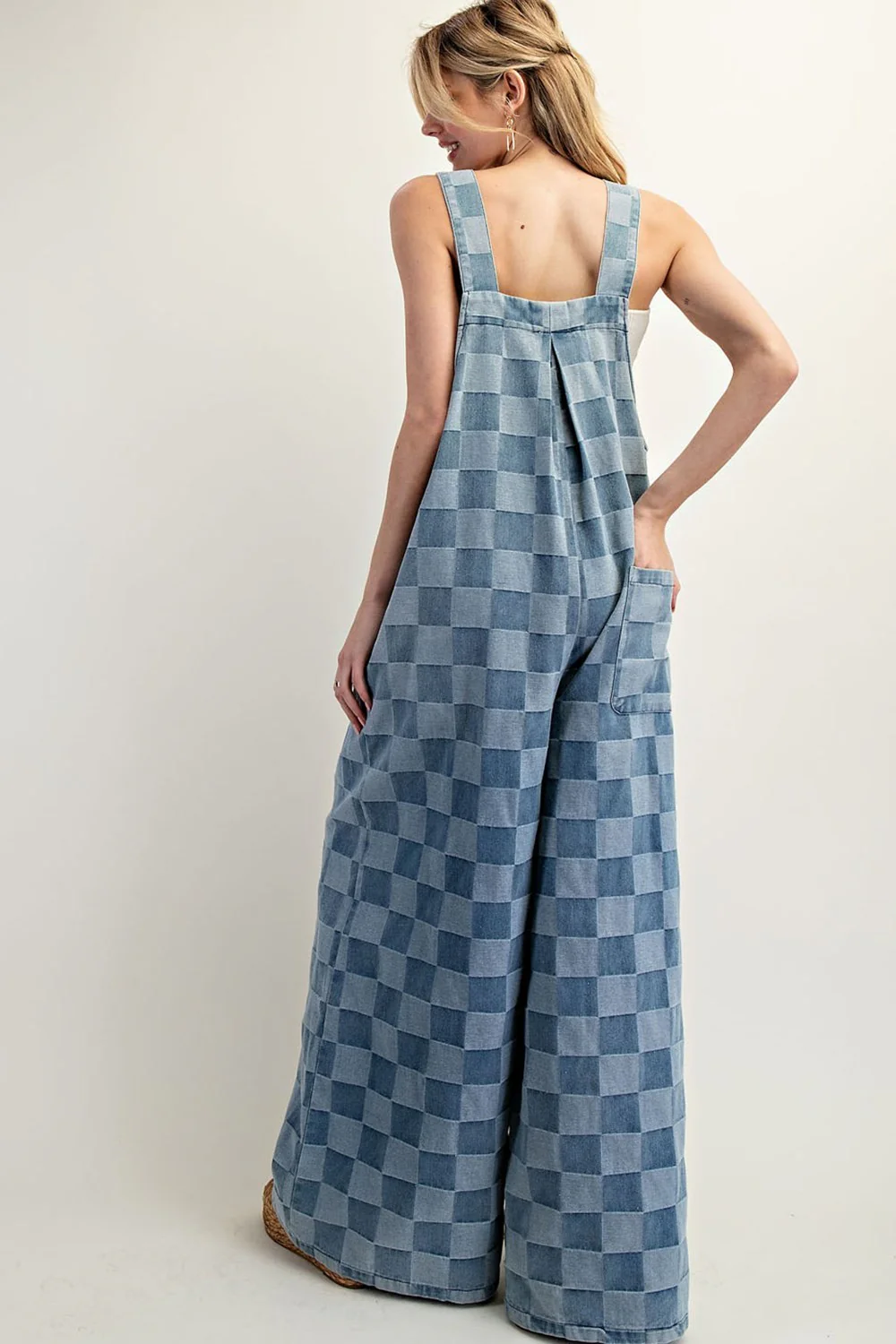 Mineral Washed Checker Print Wide Leg Overalls - Image 4