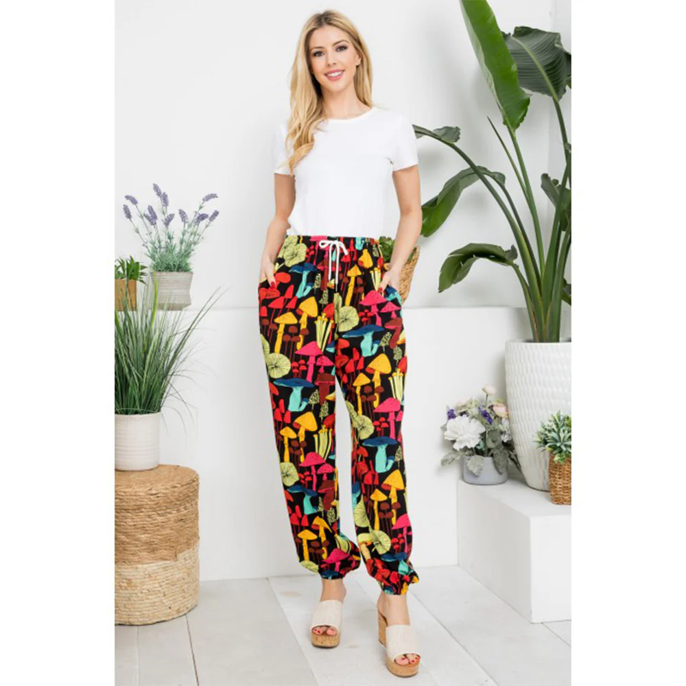 Mushroom Print Pants With Pocket And Draw String