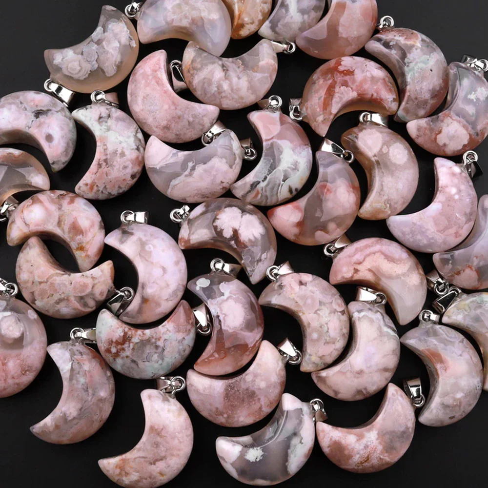 Natural Cherry Blossom Agate Moon Pendant