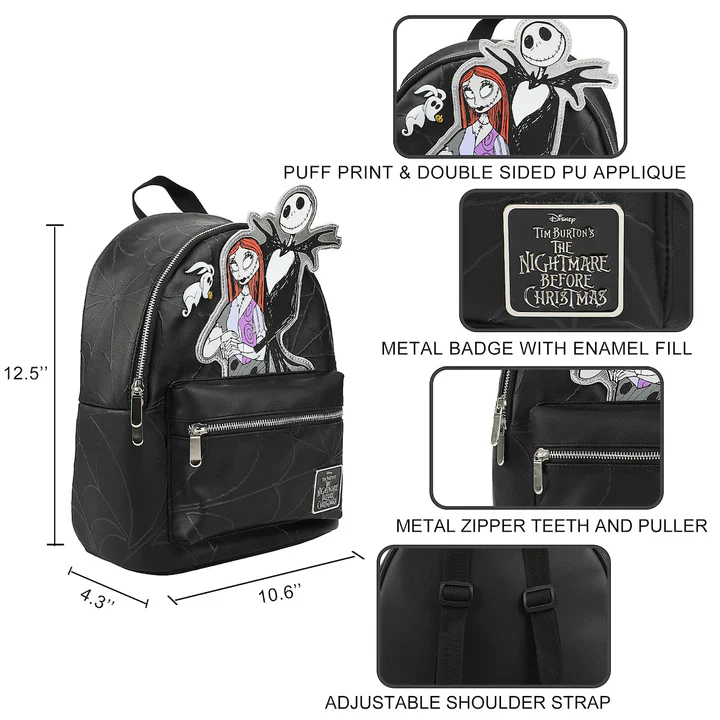 Nightmare Before Christmas Applique Character Art 12.5" Black Mini Backpack - Image 6