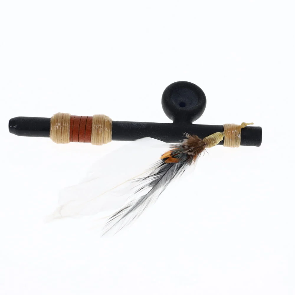 Owls Feather Glass Small Black Peace Pipe with White Feather - Image 2