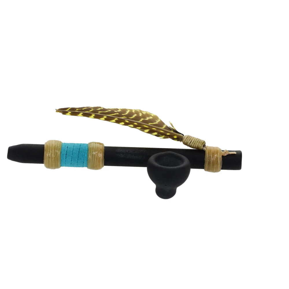 Owls Feather Glass Small Black Peace Pipe with Yellow Spot Feather - Image 4