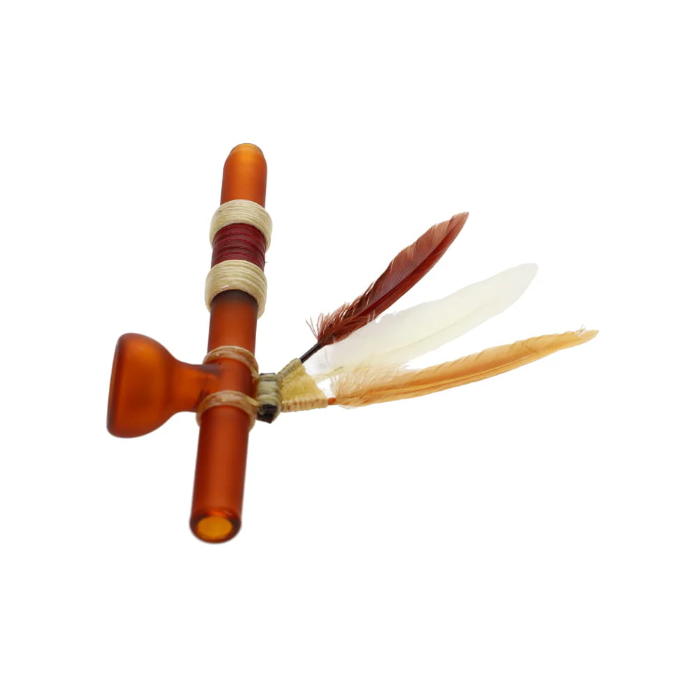 Owls Feather Glass Small Brown Peace Pipe with 3 Feathers - Image 3