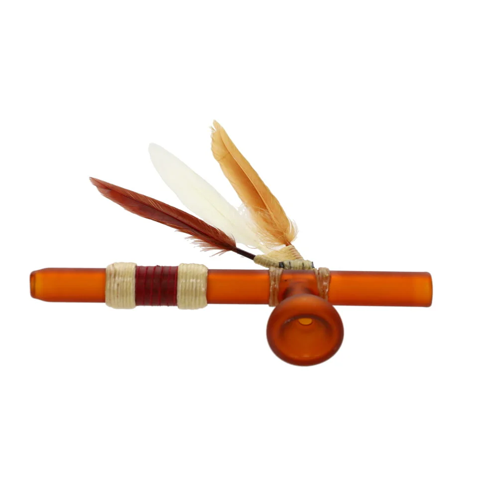 Owls Feather Glass Small Brown Peace Pipe with 3 Feathers - Image 4