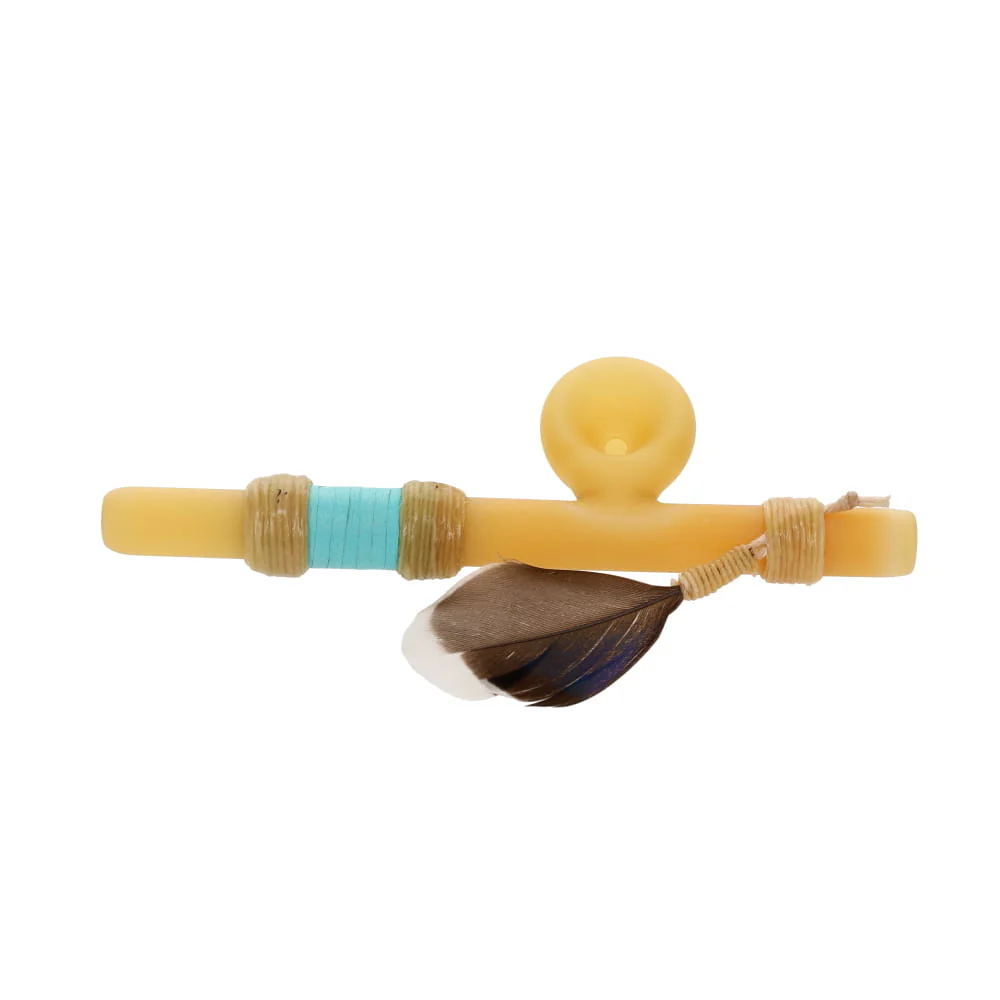 Owls Feather Glass Small Yellow Peace Pipe with Turquoise Wrap - Image 2