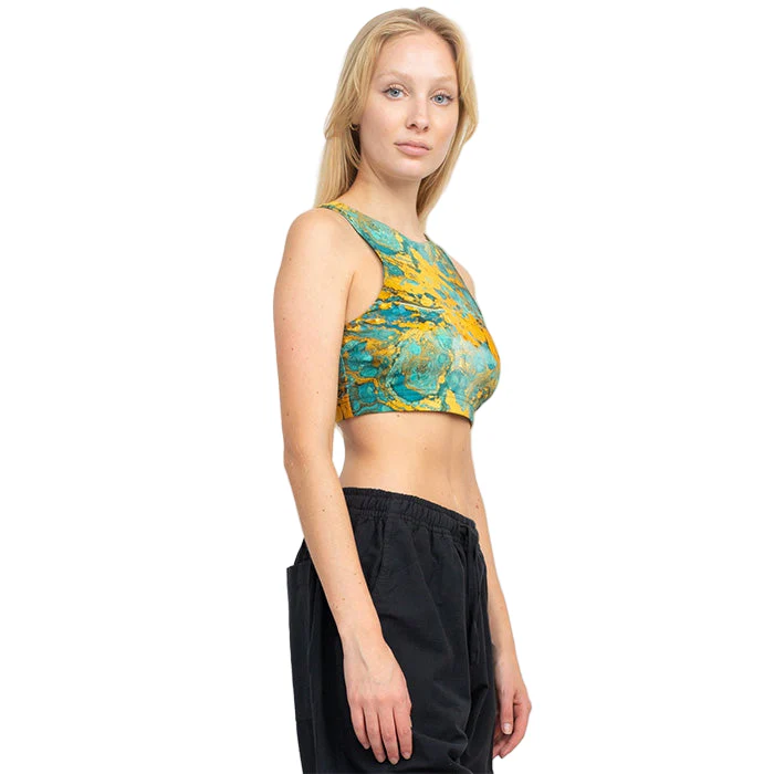 Psychedelic Marble Hi Neck Yoga Top in Turquoise - Image 3