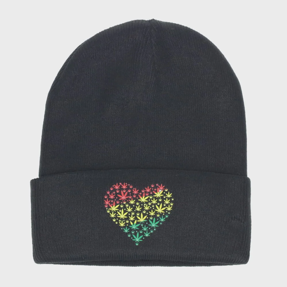 Rasta Leaves Heart Black Beanie