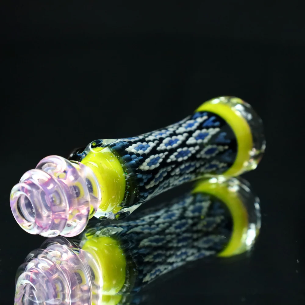 Rotational Science Glass Cold Worked & Faceted Peyote Stich Chillum #22 / PNK/YLW - Image 4
