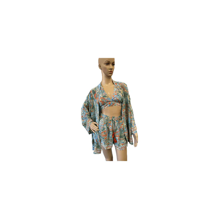 Silk Set - Shorts, Halter and Kimono in Assorted Prints - Image 4