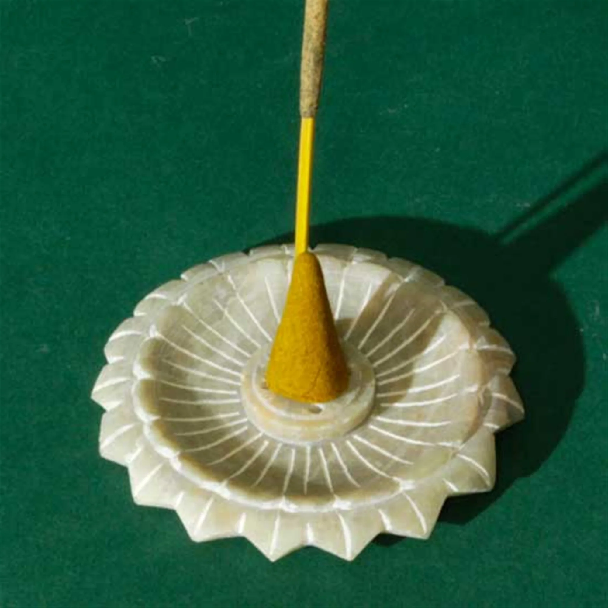 Soapstone Carved Round Incense Burner - Lotus 3"
