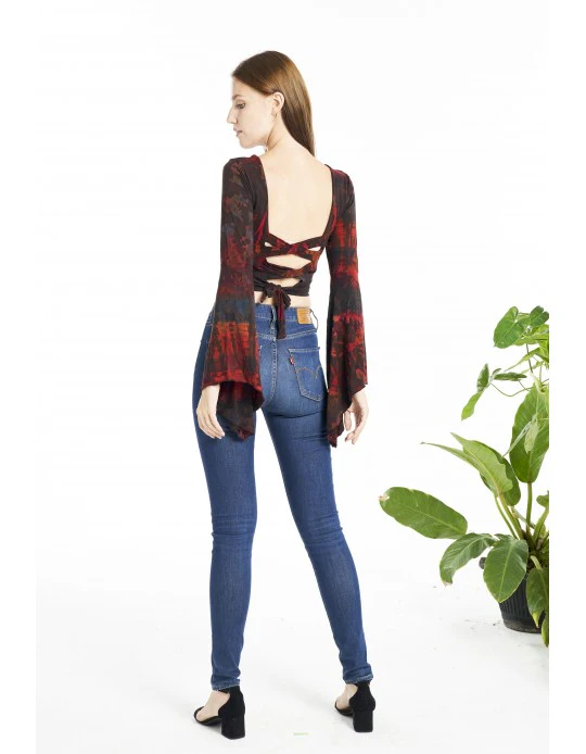 Tie Dye Long Bell Sleeve Crop Top with Lace up Back - Brown - Image 2