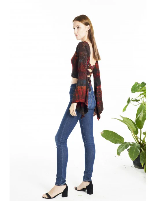 Tie Dye Long Bell Sleeve Crop Top with Lace up Back - Brown - Image 3