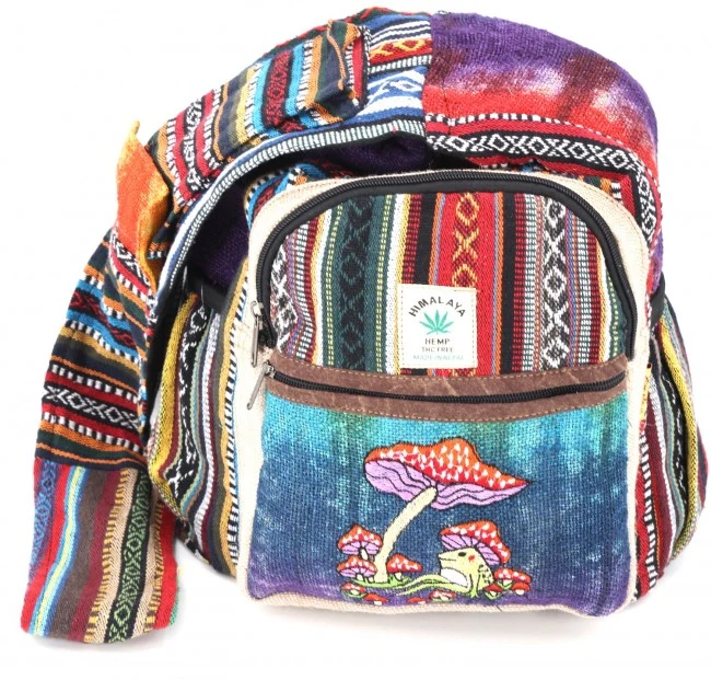 Tie Dyed Hemp Embroidered Frog and Mushroom Crossbody Bag - Image 3