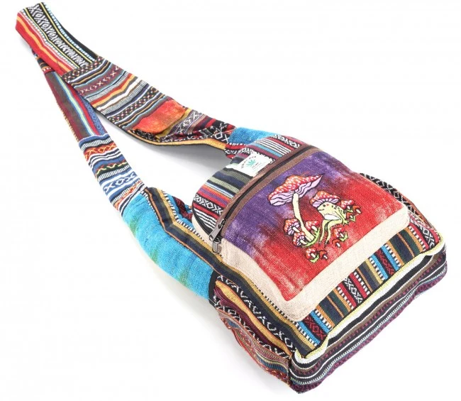 Tie Dyed Hemp Embroidered Frog and Mushroom Crossbody Bag - Image 4