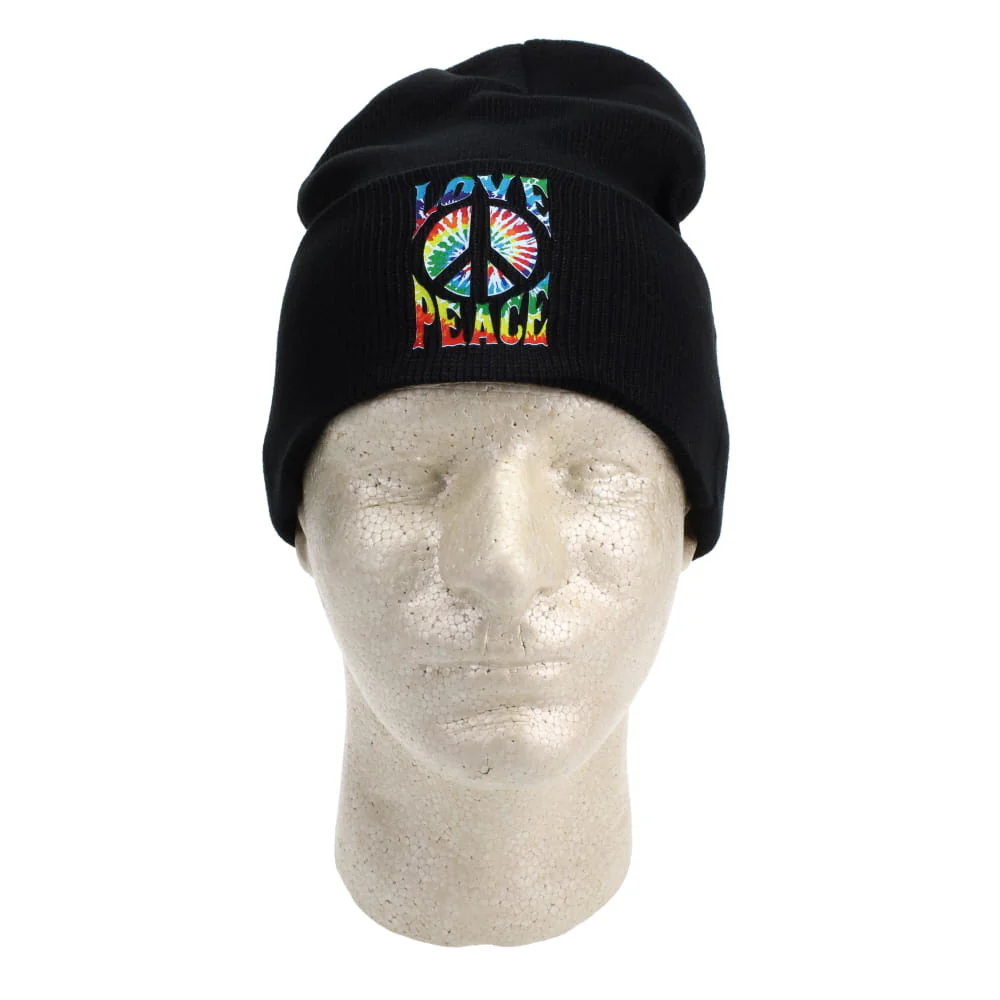 Tie Dyed Peace and Love on Black Beanie - Image 2