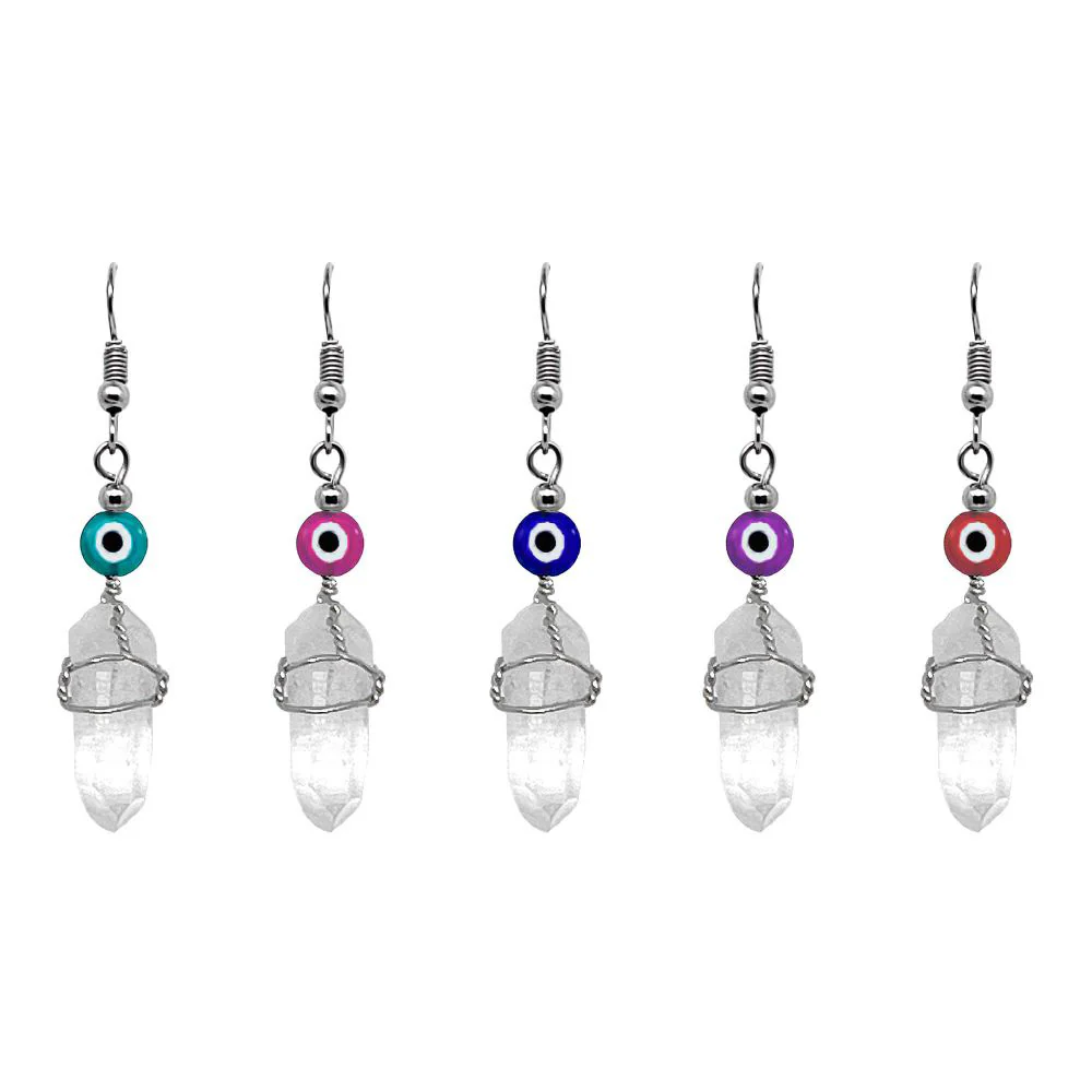 Wire Wrapped Quartz With Evil Eye Earring